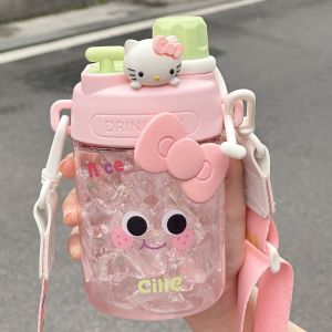 Charming Student Straw Cup Tritan Water Bottle for Girls Cute Dual-drink Cup with Carrying Strap School-going Children Essential