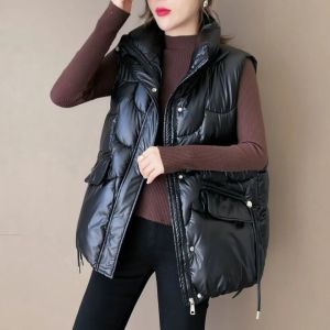 Womens down Cotton Vest Loose Fit Autumn Winter New Style Shiny Surface Wash Free Warm Outerwear Jacket Zipper Closure