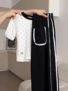 Miu Style Polka Dot Top And Drapey Casual Pants Two Piece Set Summer Fashion Anti Aging Korean Drama Inspired Womens Ensemble