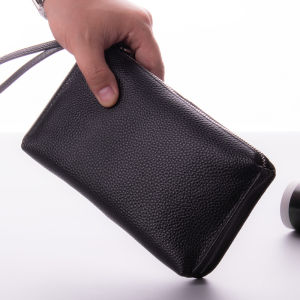 Mens Leather Handbag Soft Cowhide Large Capacity Long Wallet Zipper Mobile Phone Bag Casual Style Handheld Bag for Youth