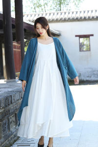 เสื้อคาร์ดิแกนยาวคลุมเข่าแขนยาวผ้าลินินคอตตอนสีพื้นสไตล์วินเทจสำหรับผู้หญิง เสื้อคลุมกันแดดแบบสวมหัวทรงหลวมๆ