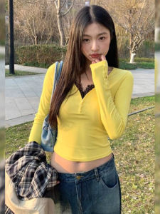 BINKAFENNY | เสื้อยืดคอกว้างแขนยาวทรงเข้ารูปสำหรับผู้หญิงในช่วงฤดูร้อน เสื้อเชิ้ตคอวีแขนยาวทรงเข้ารูปแบบลำลองสำหรับใส่ไปทำงาน