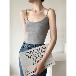 Gray Strapless Crop Top Womens Summer Basic Ribbed High Elasticity Inner Wear Slim Fit Tank Top Casual Style Pure Color