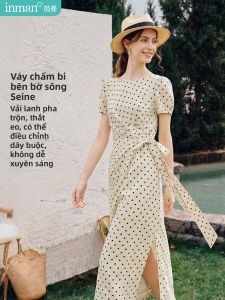INMAN | Váy Maxi Ren Cổ Yếm Phong Cách Vintage Pháp Chấm Bi