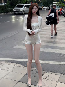 Summer New Fashionable Three-Piece Set Womens Long Sleeve Knitted Open Cardigan Lace Splicing Fishbone Strap Shorts