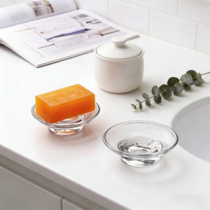 1Pc Round Soap Dish Glass Dish Soap Organizer Transparent Soap Dish Holder Bathroom Accessories