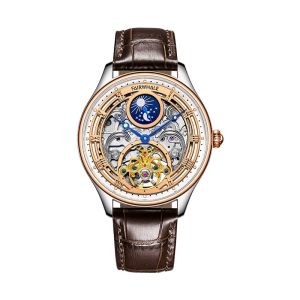 men automatic mechanical watch luminous tourbillon moon phase 316l stainless steel strap transparent case back 40mm large dial