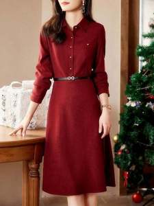 French Style Shirt Dress Womens Spring Autumn Red Fashion Design Long Sleeve Waist Cinched Elegant Base Layer Skirt