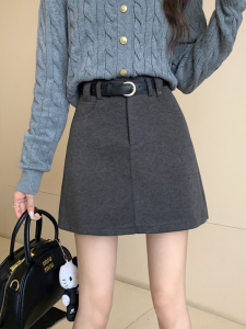 Gray High Waist Woolen A-Line Mini Skirt Thickened Autumn Winter Commute Arm Wrap Skirt Elegant Short Skirt Womens Fashion