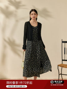 Retro Slimming Two-piece Set Flower Print Sleeveless Dress with Lightweight Cardigan