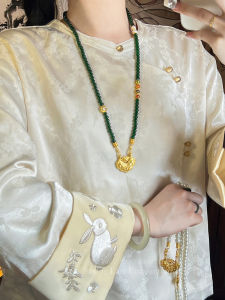 Gold Lock Pearl Beaded Necklace High-End Version New Chinese Style Qipao Accessory Green Agate Treasure  out the Oven