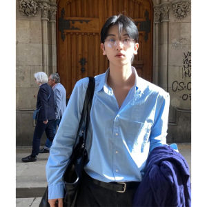 Sky Blue Ice Silk Shirt Mens Fancy Korean-Style Junior Wear Sun Protection Shirt Summer Trend Thin Outwear