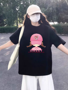 เสื้อยืดแขนสั้นคอตตอนสีดำ ทรงหลวม สไตล์เกาหลี แฟชั่นฤดูร้อน สำหรับผู้หญิง เสื้อตัวบนคอกลม