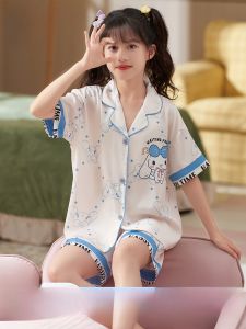 MiiOW | Cat Person Summer Childrens Sleepwear Cool Feeling Ice Silk Thin Short Sleeve Open Cardigan 2025 New Style Girls Home Clothes