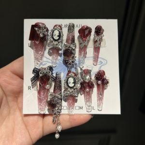 Handmade Heavy Embellished Lace Ice Butterfly Design Princess Mirror Nail Tips Dark Vintage Style Glass Nail Art False Nails