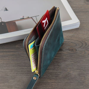 Retro Style Genuine Leather Mens Mini Wallet Top Layer Horsehide Zipper Card Holder Cash Purse Handmade Craft