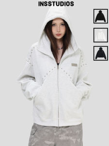 Áo Hoodie Dài Tay Cài Kéo Có Khóa Patched Rivet Phong Cách Mỹ Ấm Áp Dành Cho Đôi