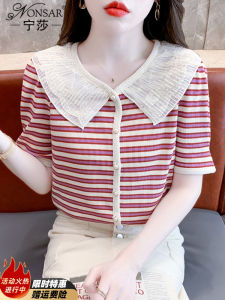 Pure Cotton Short Sleeve T-Shirt Women Summer New Style Spicy Girl Design Sensation Doll Collar Striped Top Slim Fit Regular Length