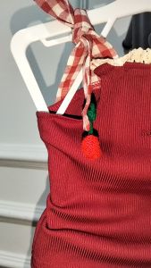 Setelan Anak Perempuan Import Tanpa Lengan Tali Pita Cerry Ripped Jeans Bordir Semi Crop Cute