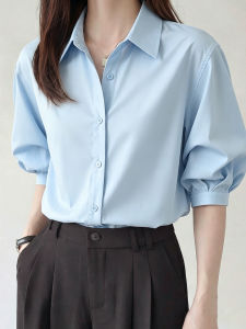 YAOMUHUA | French Elegant Blue Shirt for Women Bubble Sleeve
