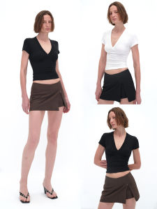 Empty Page Black/White Deep V-Neck Split Short Sleeve T-Shirt Elastic Slimming Versatile Base Layer Casual Style Modal Fabric