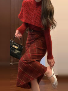 Red Knitted Sweater Dress Set Plaid Pattern Womens Autumn Winter Long Skirt Casual Style New Years Outfit Three-Piece Suit