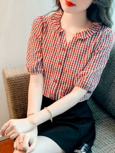 Áo Sơ Mi Kẻ Caro Cổ Chữ V Tay Ngắn Mùa Hè Mới Thiết Kế Cổ Điển Phong Cách HongKong Cho Nữ Áo Sơ Mi Rộng Rãi Thường Ngày