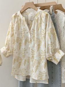 Brand Discount Counter Summer Plant Print French Style Retro Shirt Womens Niche Style Loose Sense 3/4 Sleeve Tops Tide