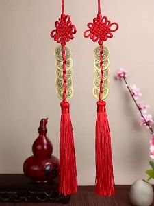 Feng Shui Door Lucky Coins Charm Wooden Gourd Chinese Knot Pangsabit for Money Attraction