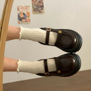 รองเท้าส้นหนา Mary Janes สไตล์อังกฤษสีดำ ทรงหัวมน สำหรับผู้หญิง ฤดูใบไม้ผลิ 2025 รองเท้าส้นแบนแบบสวมสบายสำหรับใส่ไปทำงาน