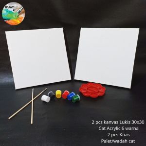 Paket Komplit Melukis/ 2 Pcs Kanvas Lukis 30x30/ Cat Acrylic 6 warna / 2 Kuas Lukis/ 1 Palet Siap pakai Berkualitas