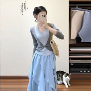 XUECAIQI | Plus Size Youthful Slimming Blue Ruffle Hem Three Piece Set
