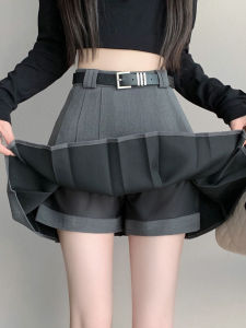 Gray Pleated Skirt Womens Spring Autumn Suit Fabric High Waist Short A-Line Mini Skirt Korean Style Commute Polyester Fiber