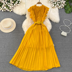 Elegant A-Line Pleated Dress with Fly Sleeve round Neck Slimming Waist Long Skirt Korean Style Commute High Waist Belted Mid-Length