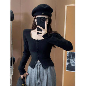 Slim Fit Short Knitted Open Cardigan Womens Fashion Spring Autumn New Style Pure Desire Square Collar Button Korean Version