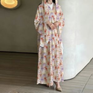 Horetong 2026 Muslim Abaya Robe Women Marble Print Chiffon V Neck Long Sleeve Loose Modest Islamic Elegant Casual Maxi Dress
