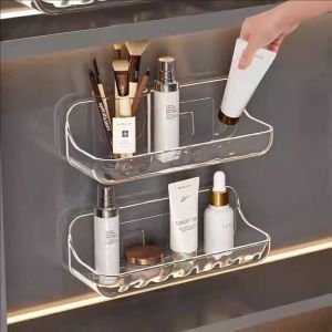 YESPERY Acrylic Transparent Storage Rack Bathroom Wall Mounted Punch Free Cosmetic Storage Tray Makeup Organizer Bathroom Soap Dish Kitchen Shelf