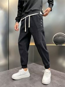 Mens Slim Fit Harem Jeans Black Trendy Brand Autumn New Style Button Decoration Elastic Waist Cuffed Denim Pants