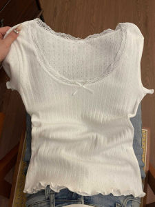 Pure Desire Lace Trim Hollow Short Sleeve T-Shirt Womens 2025 New Summer Slim Fit Short Design Sense Top Korean Style Cotton Polyester Blend