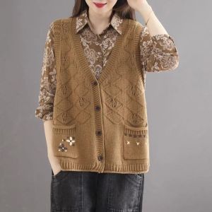 Retro Patchwork Hollow Knitted Vest Cotton Thread Sleeveless V-neck Jacket Outerwear Simple Style Commute Suitable for Ages 30-34