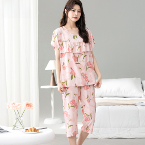 Lightweight Short Sleeve Cotton Silk Sleepwear Set for Women Home Clothes Two-Piece Set Comfortable Breathable Summer Pyjamas
