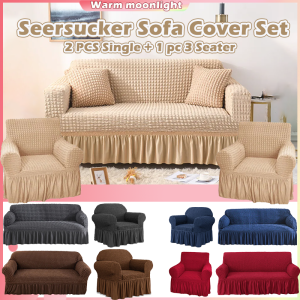 Sofa Cover Set for 3 Pcs Seersucker Slipcover with Elastic Skirt Thickening Stretch Sofa Protector 3 Seater and 2 Single Couch Cover Set