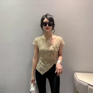 YIMEI 2024 Summer New Fashion Diagonal V-neck Korean Irregular T-shirt Slim fit Short sleeved Pleated Lace Top for Women