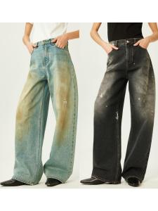 Fashionable Worn-look Hand-painted Color Dirtiness Denim Jeans Natural Waist Long Pants Cone Shape Zipper Closure All-season
