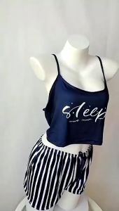 Baju Tidur Wanita Bahan Jersey  Piyama Tali Ikat Baru  Setelan Celana Pendek Serut Wanita  Cetakan Garis Huruf  Pakaian Rumah Wanita