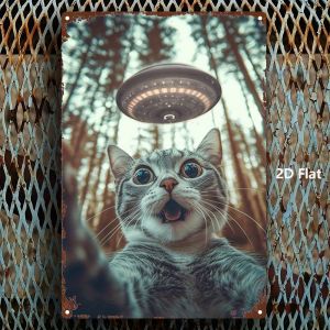2D 1PC Vintage Cat UFO Metal Wall Art Sign 8x12 Inch