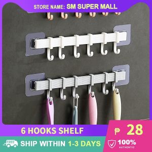 【Traceless】Wall Mounted 6 Hooks Storage Shelf Bathroom Strong Towel Hook Kitchen Organizer Plastic Hanging Rack Holder
