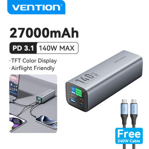 Vention 140W 27000mAh Powerbank with LED Display 3 Port Charging powerbanks fast charging power station for Laptop MacBook iPhone 16 15 14 13 pro max ipad apple Samsung S24 S23 Ultra Huawei Mate 60 Xiaomi VIVO OPPO Portable diginut power bank