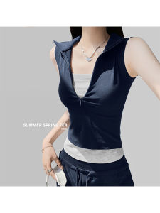 Summer Spring Tea American Style Hot Girl Camisole Vest Womens Fake Two-Piece Design Sensation Niche Outerwear Inner Match Elegance Top