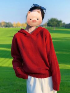 BINKAFENNY | Unique Beautiful Thickened Red Hooded Sweater Womens Autumn Fashion Knitted Top Lazy Style Commute Brand Straight Tube Model